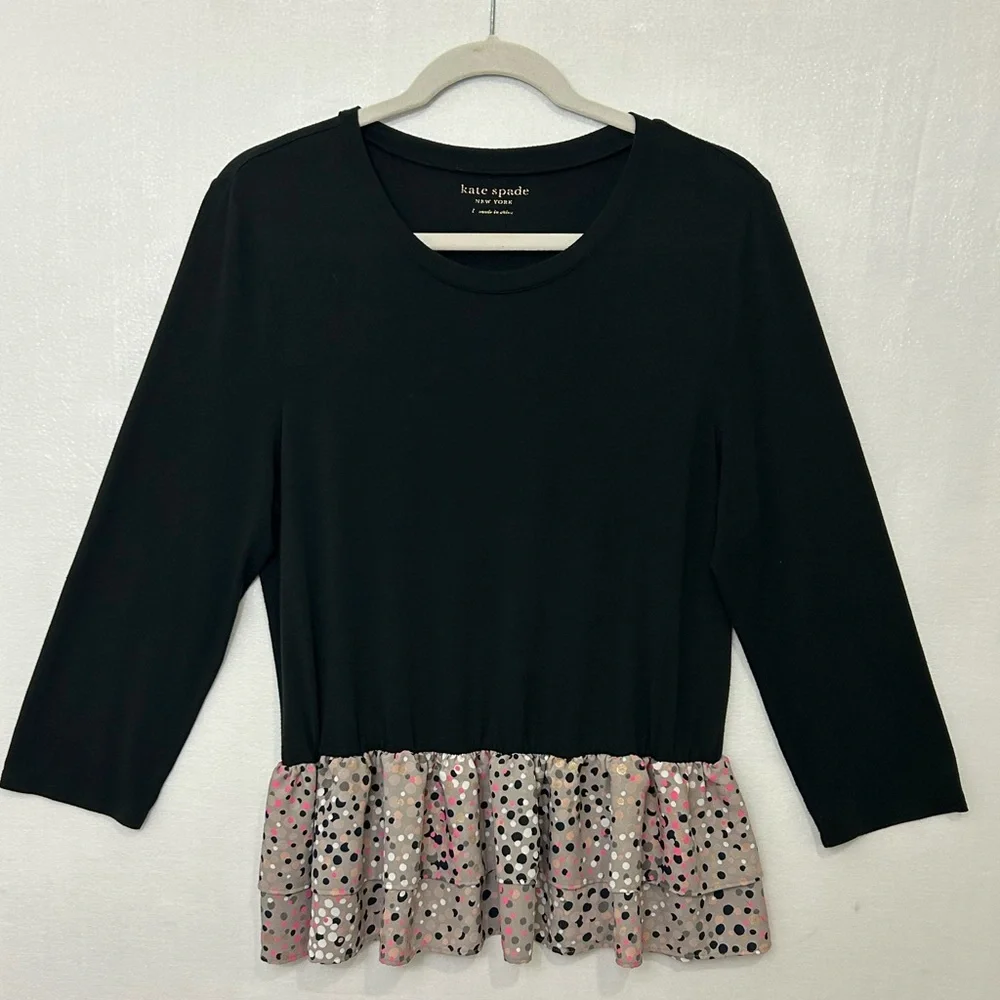 Kate Spade Womens Large Black Metallic Dot Peplum Hem Top